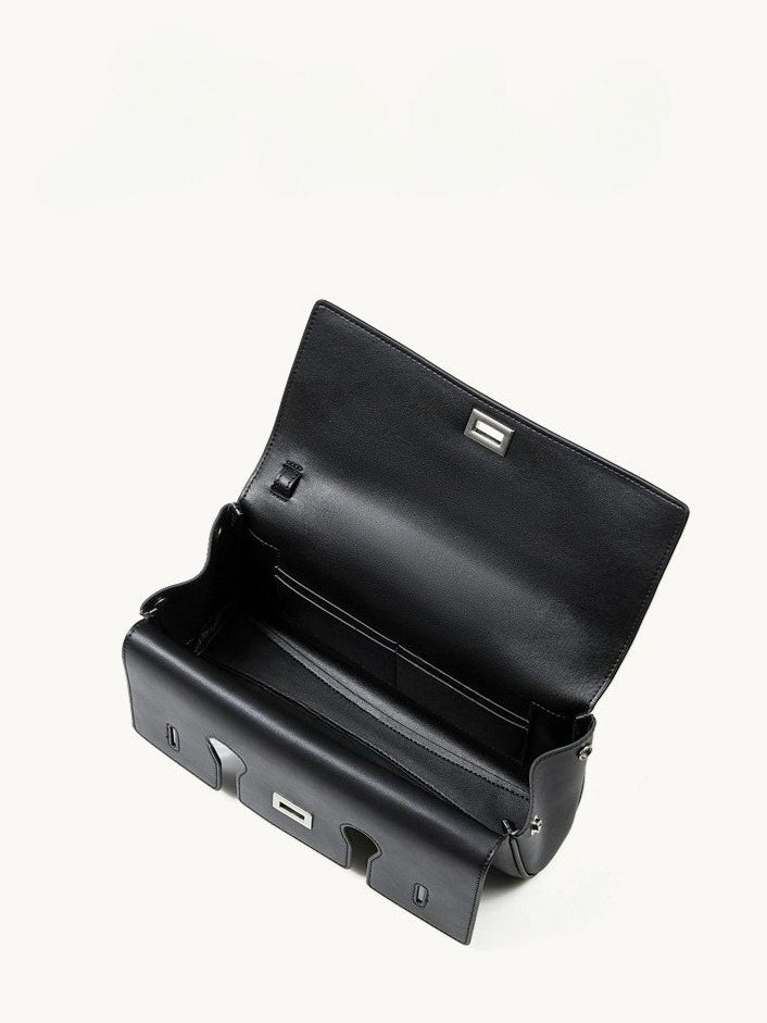 The Linear Turn-Lock Genuine Leather Bag | Minimalist East-West Handbag