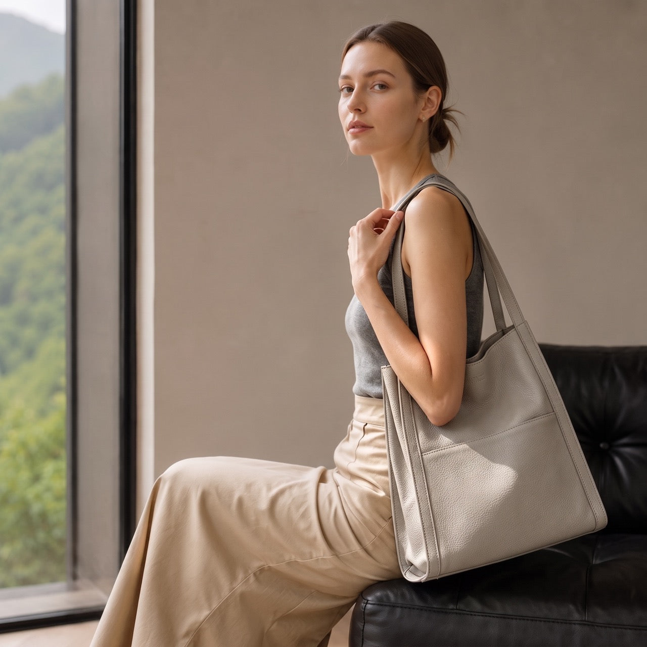 Supple Genuine Leather Spacious Tote Clutch Bag
