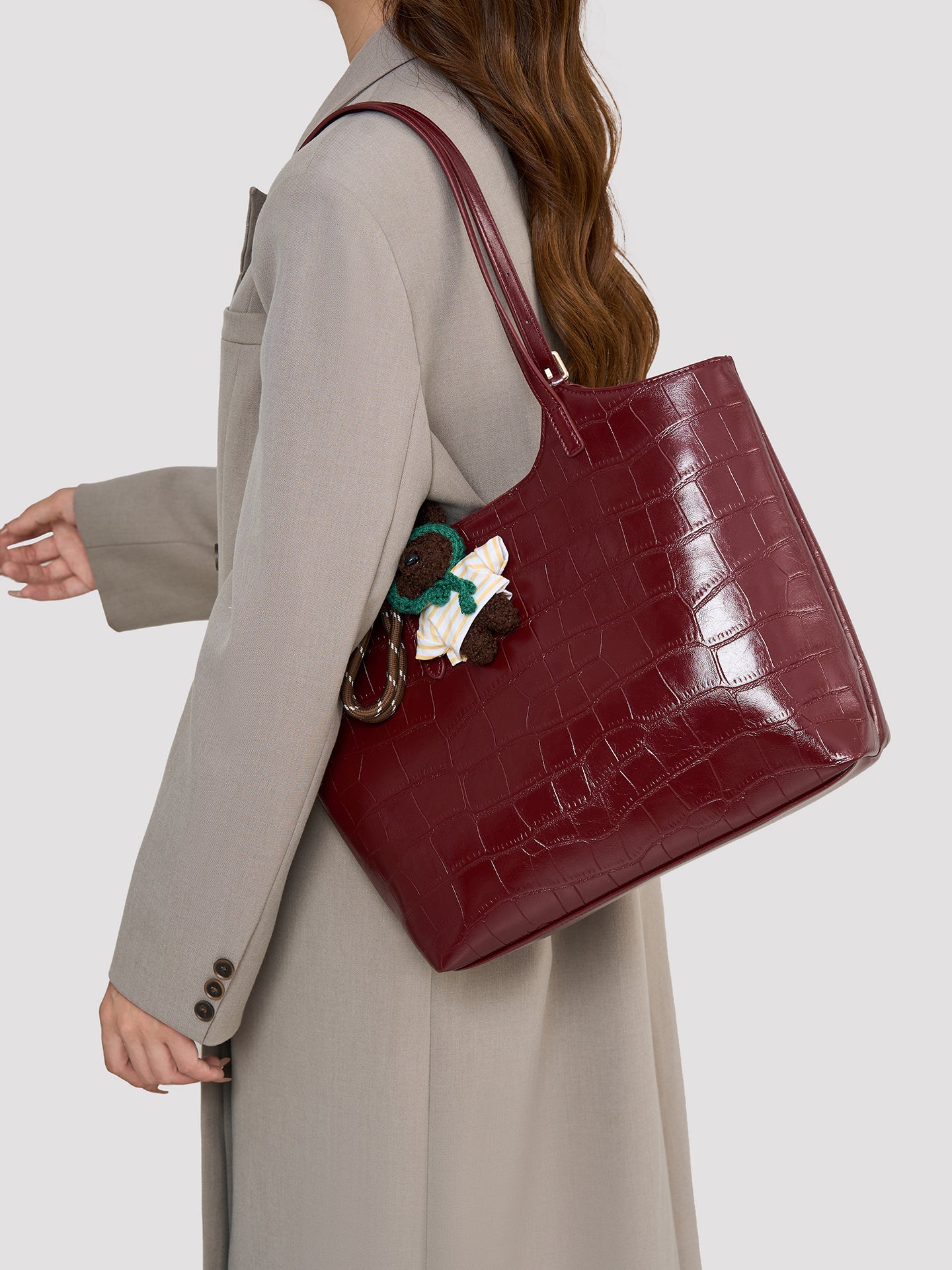 Glossy Croc Vegan Eco-Leather Shoulder Tote Bag With Bear Charm
