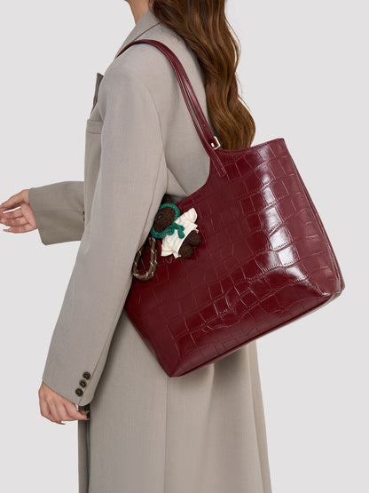 Glossy Croc Vegan Eco-Leather Shoulder Tote Bag With Bear Charm