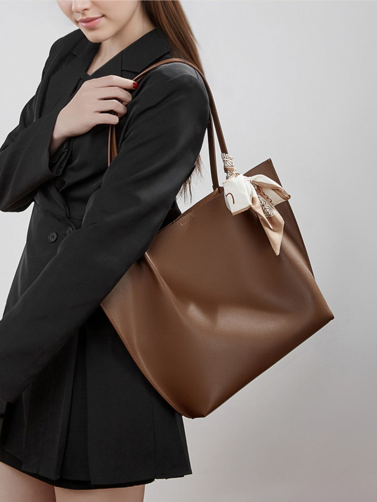 Parisian Chic Genuine Leather Bag - Minimalist Large Tote with Silk Scarf Accent