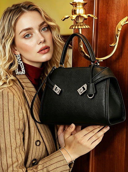 Luxury Retro Genuine Leather Lychee Pattern Double Buckle Tote Crossbody Bag