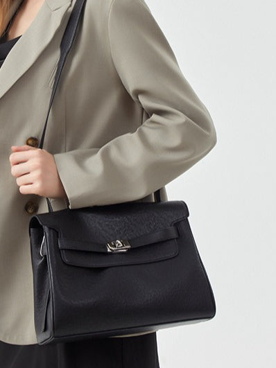 Vintage Lock-Accent Satchel Crossbody Genuine Leather Bag