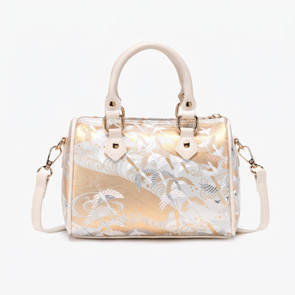 Delicate Crane Vegan Eco‑Leather Barrel Clutch Bag with Playful Charm