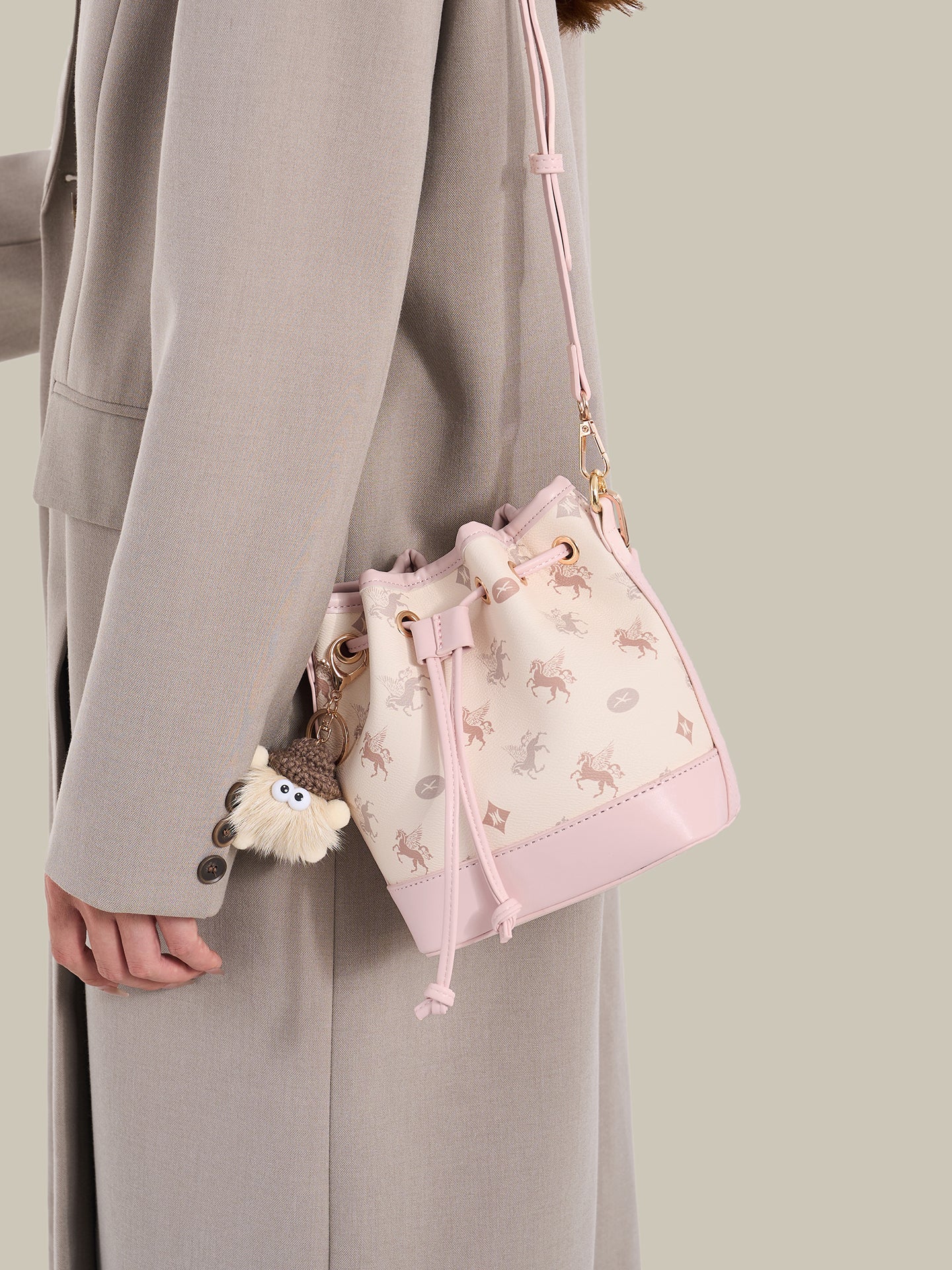 Ethereal Pegasus Pattern Vegan Eco-Leather Bucket Clutch Bag with Lovely Charm