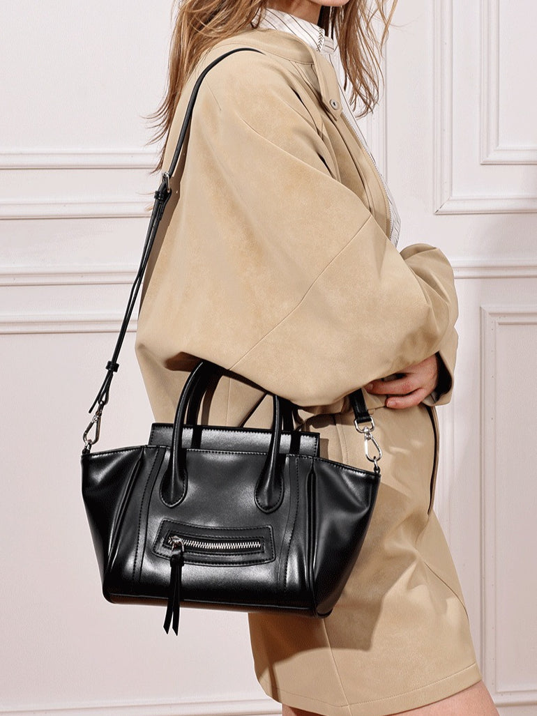 Maillard Style Genuine Leather Smile Flap Satchel Crossbody Bag