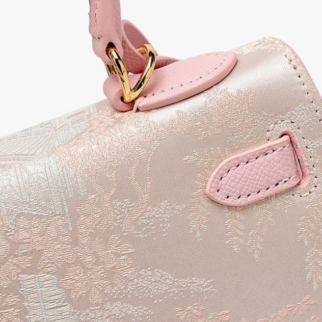 Elegant Oriental Brocade Genuine Leather Kelly Clutch Bag with Charm