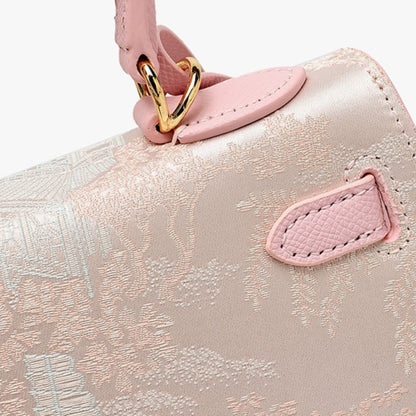 Elegant Oriental Brocade Genuine Leather Kelly Clutch Bag with Charm