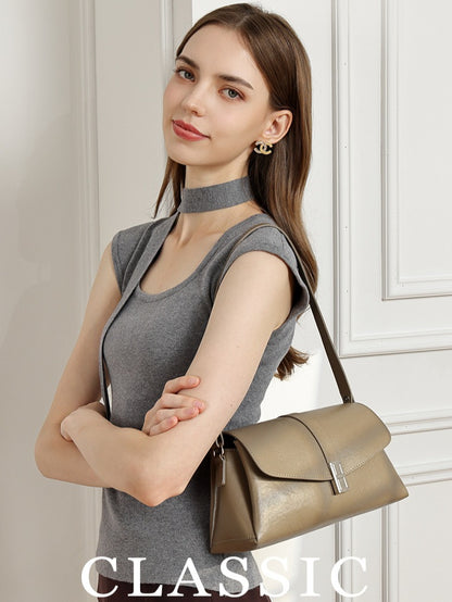 Minimalist Genuine Leather Shoulder Bag with Signature H Buckle