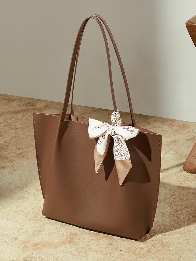 Parisian Chic Genuine Leather Bag - Minimalist Large Tote with Silk Scarf Accent