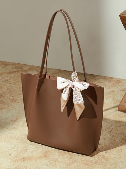 Parisian Chic Genuine Leather Bag - Minimalist Large Tote with Silk Scarf Accent