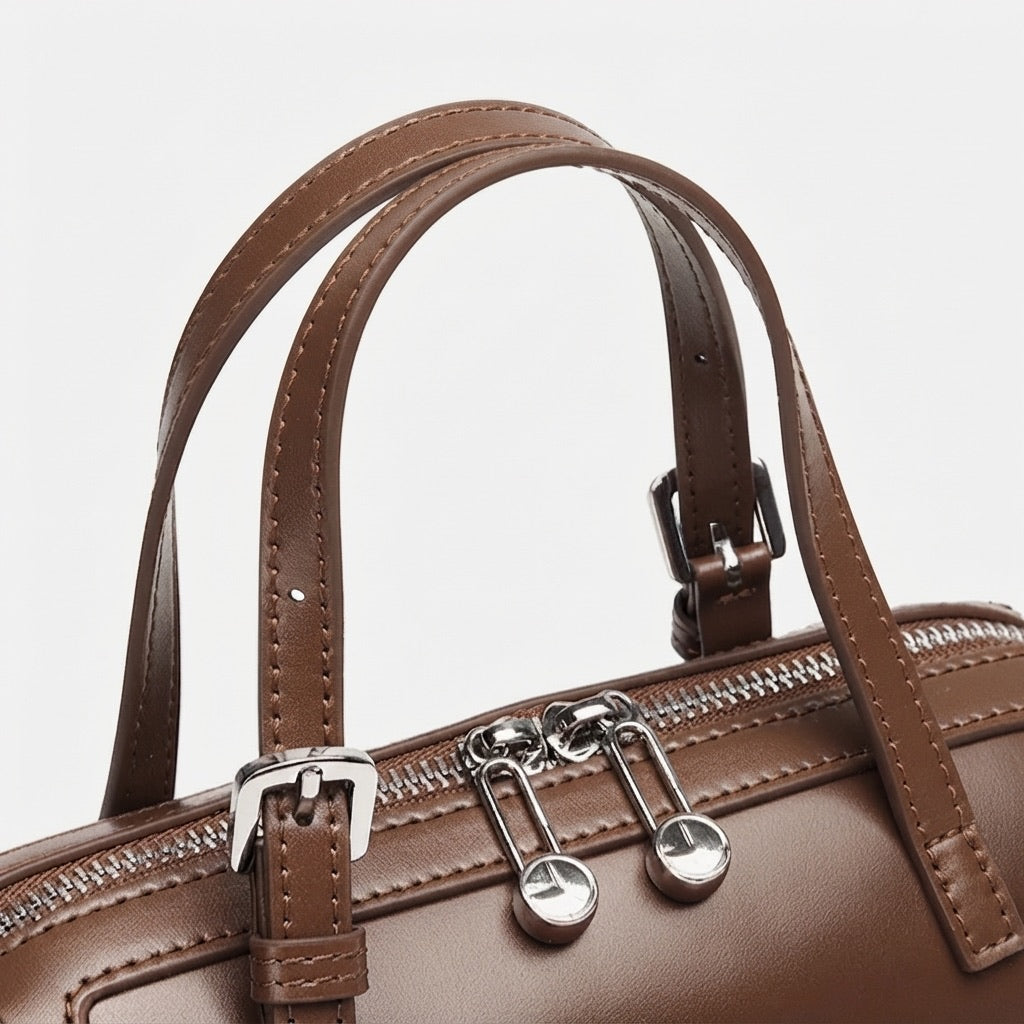 Retro Maillard Genuine Leather Boston Barrel Bag