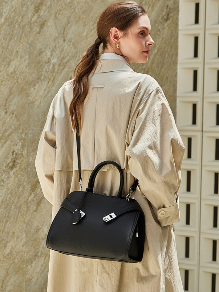 Luxury Retro Genuine Leather Lychee Pattern Double Buckle Tote Crossbody Bag