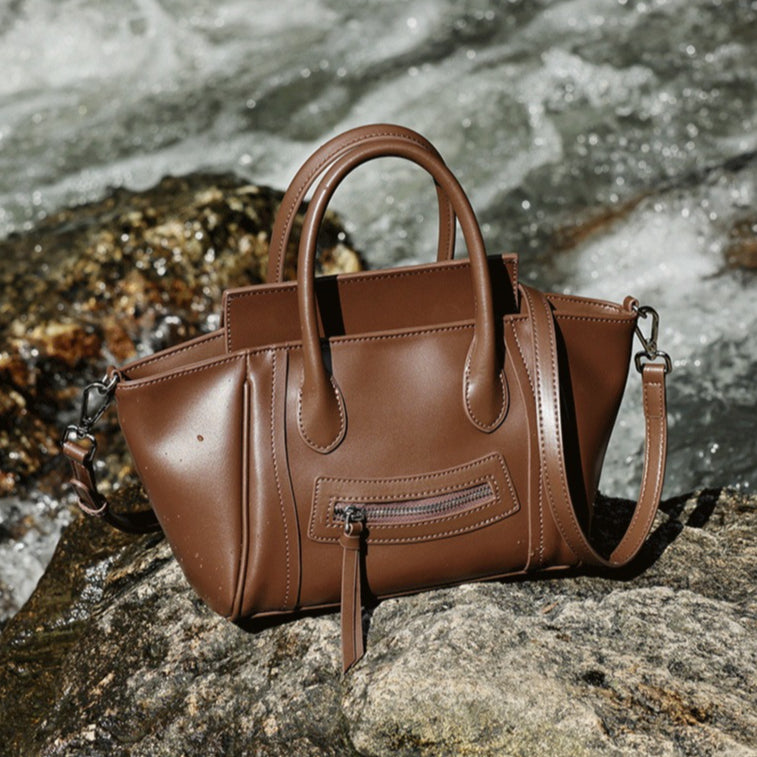 Maillard Style Genuine Leather Smile Flap Satchel Crossbody Bag