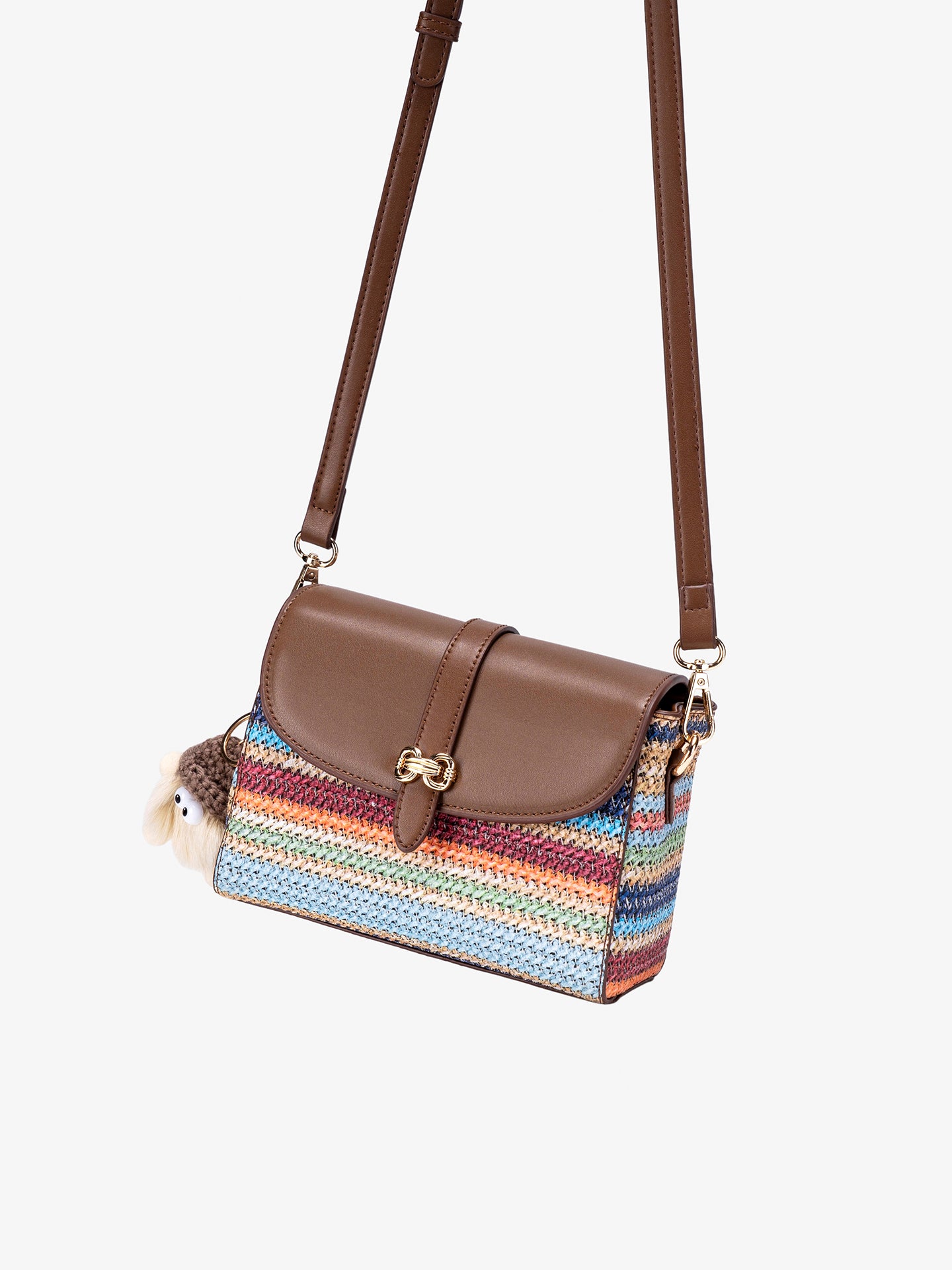 Radiant Rainbow Striped Woven Vegan Eco-Leather Flap Clutch Bag with Lovely Charm