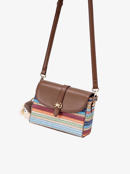 Radiant Rainbow Striped Woven Vegan Eco-Leather Flap Clutch Bag with Lovely Charm