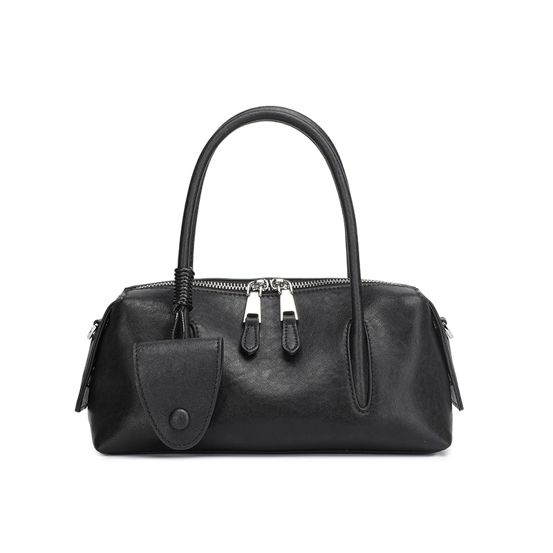 Minimalist Genuine Leather Boston Clutch Bag with Detachable Leather Tag Charm