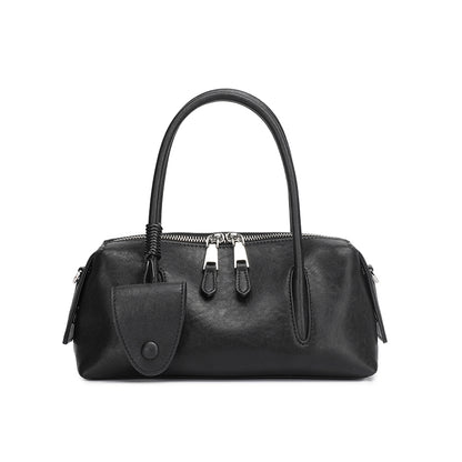 Minimalist Genuine Leather Boston Clutch Bag with Detachable Leather Tag Charm