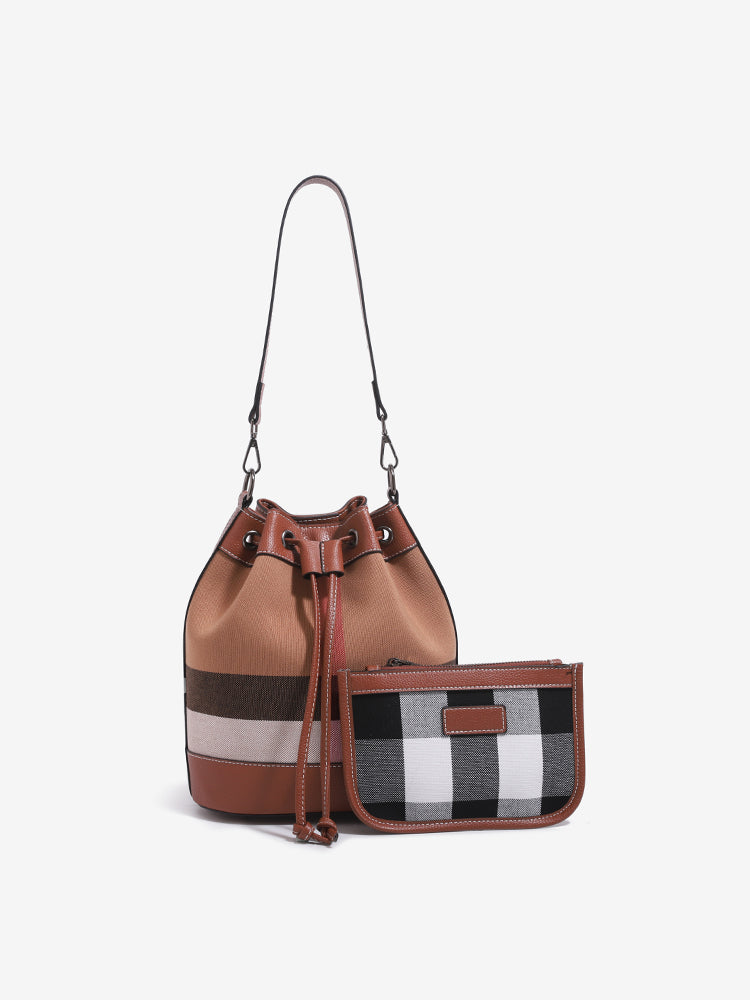 Vintage Plaid Vegan Eco-Leather Bucket Clutch Bag