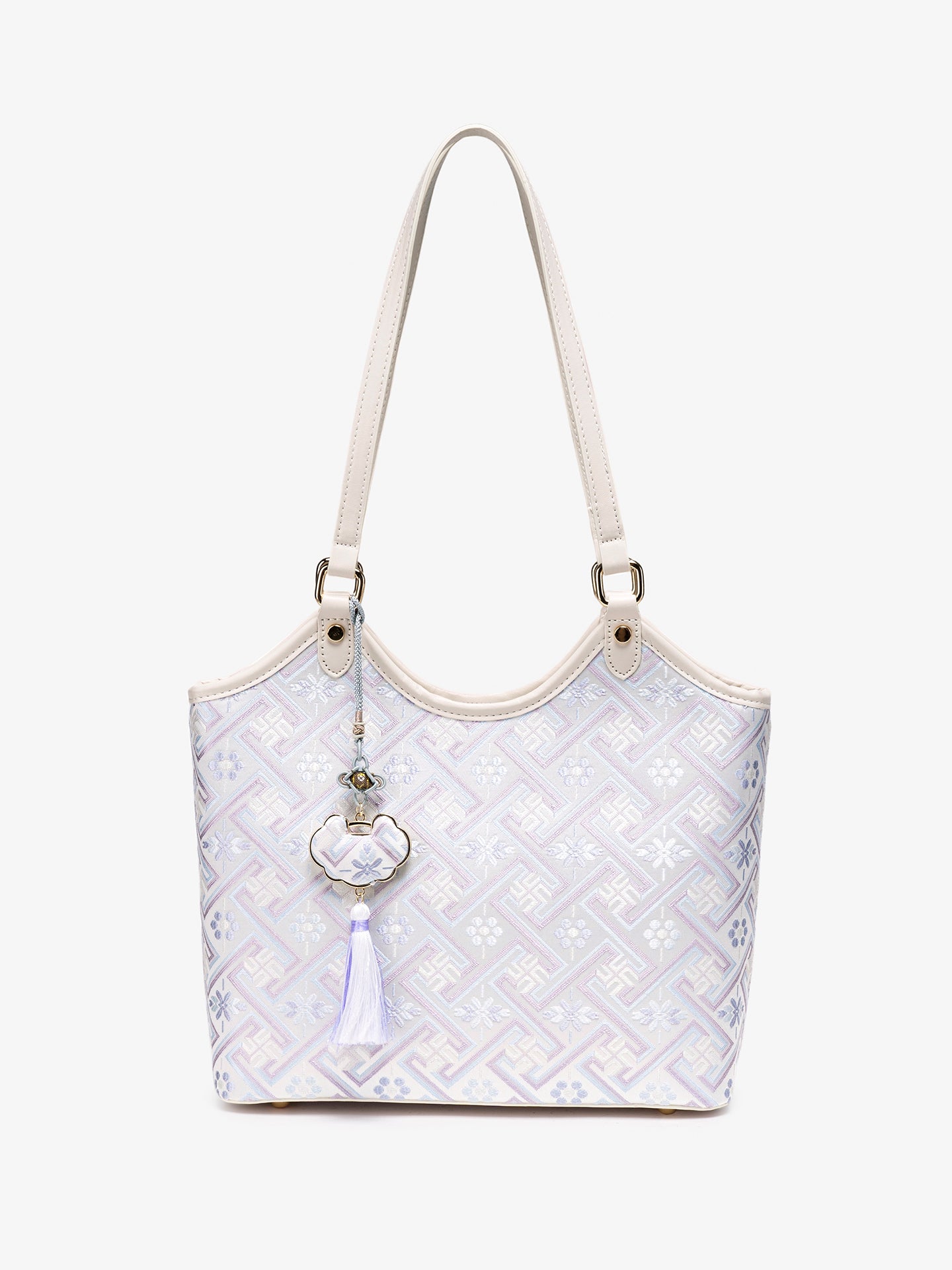 Refined Brocade Vegan Eco-Leather Tote Clutch Bag with Intricate Tassel Charm