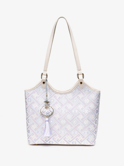 Refined Brocade Vegan Eco-Leather Tote Clutch Bag with Intricate Tassel Charm