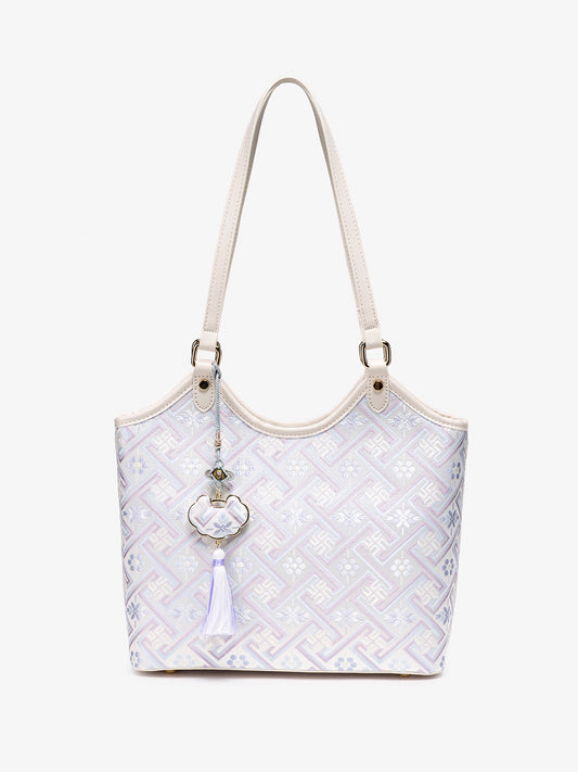 Refined Brocade Vegan Eco-Leather Tote Clutch Bag with Intricate Tassel Charm