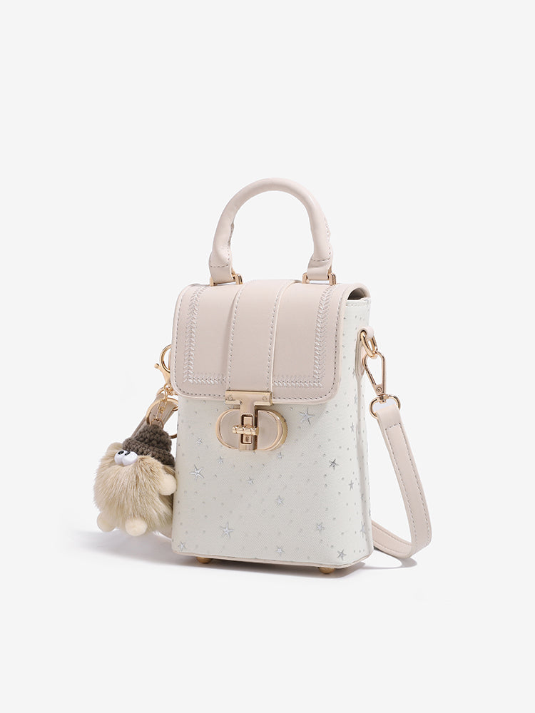 Romantic Star Vegan Eco-Leather Flap Mini Phone Handbag with Fluffy Charm