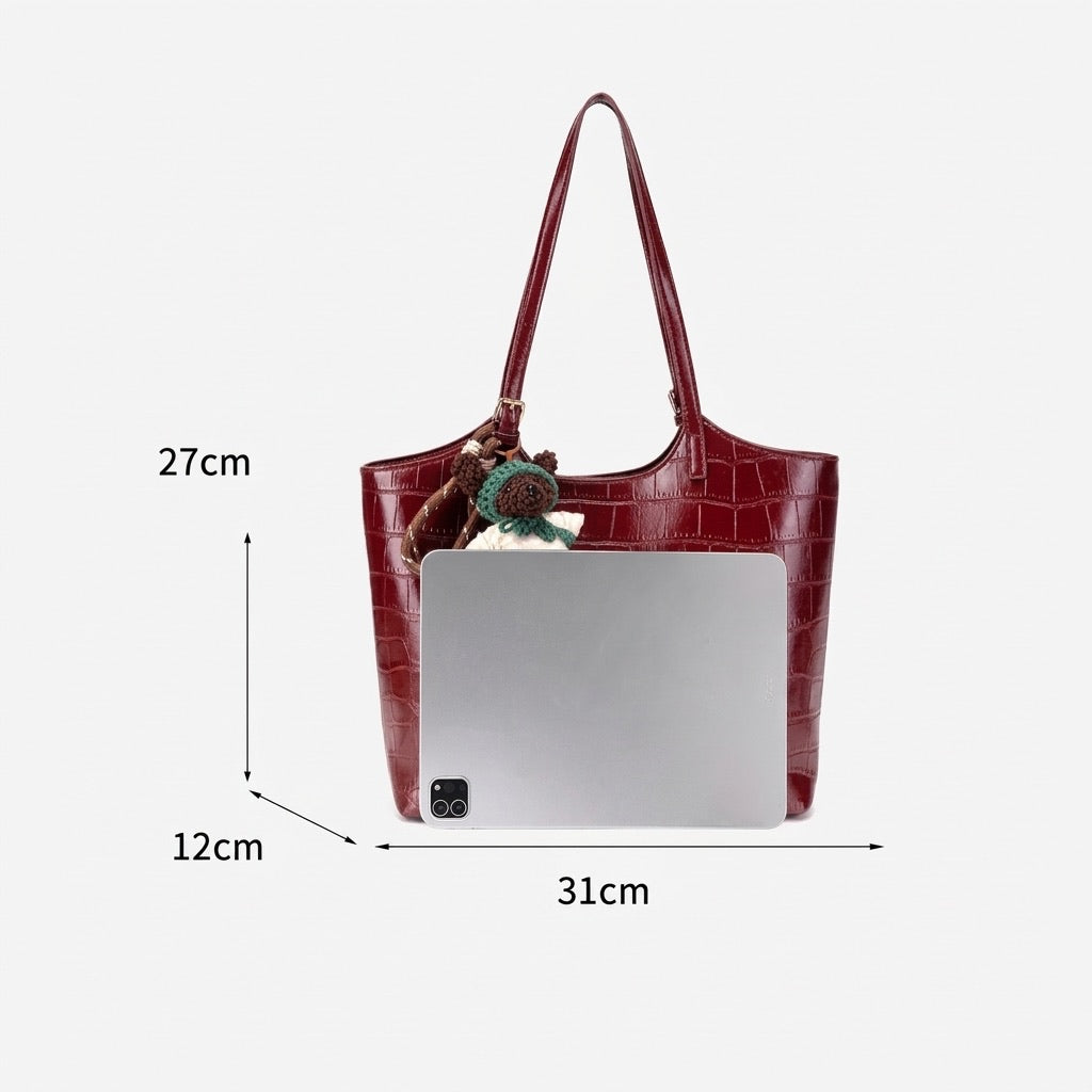 Glossy Croc Vegan Eco-Leather Shoulder Tote Bag With Bear Charm