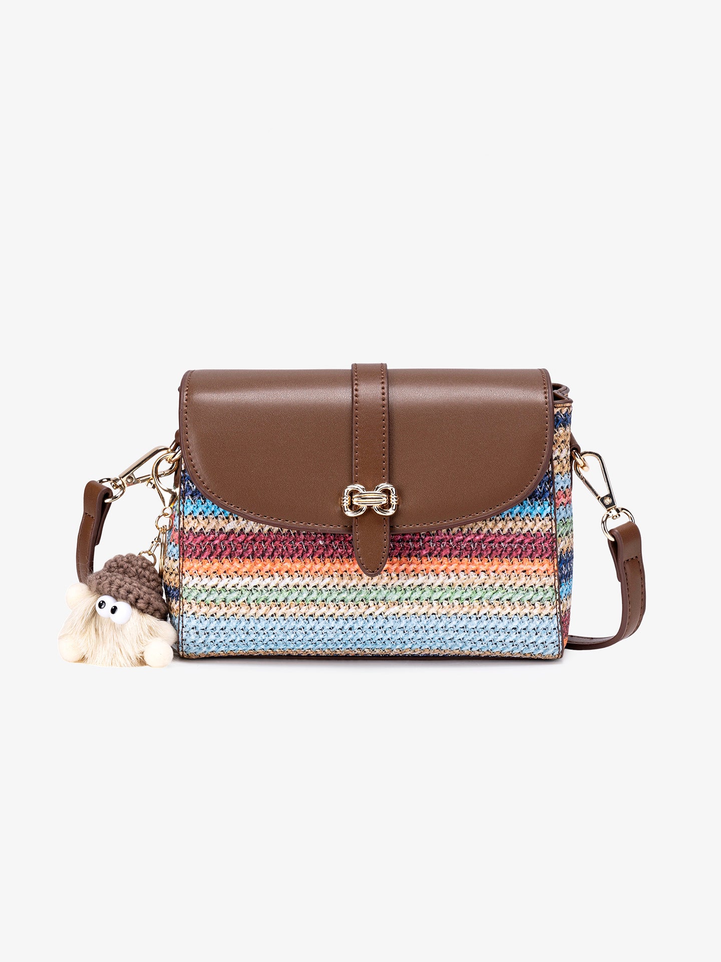 Radiant Rainbow Striped Woven Vegan Eco-Leather Flap Clutch Bag with Lovely Charm