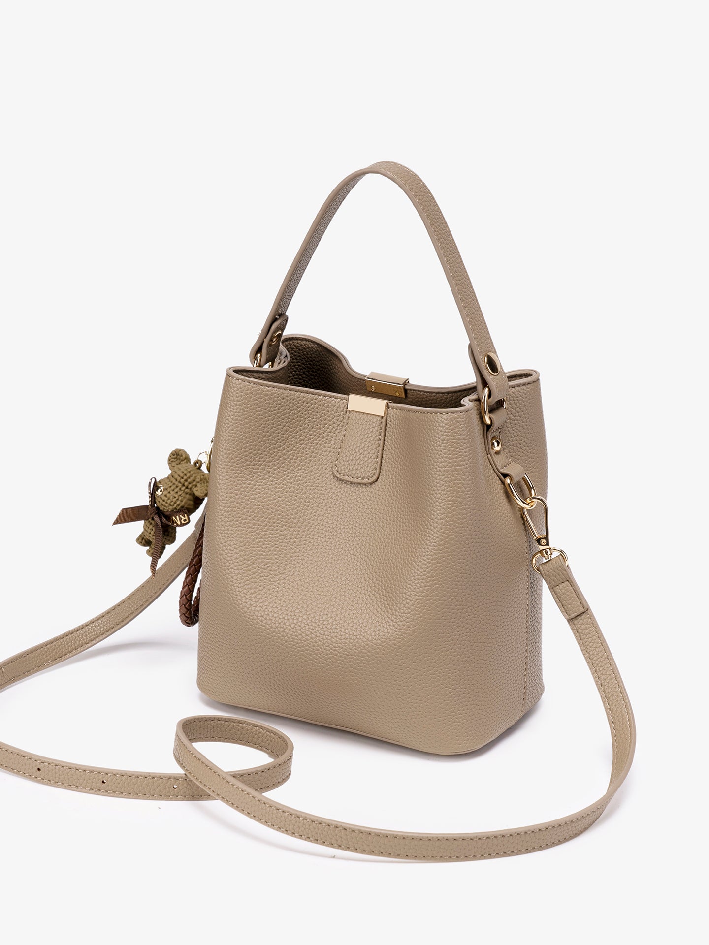 Minimalist Pebbled Vegan Eco-Leather Bucket Clutch Bag with Bear Charm