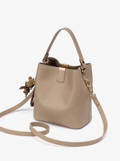 Minimalist Pebbled Vegan Eco-Leather Bucket Clutch Bag with Bear Charm