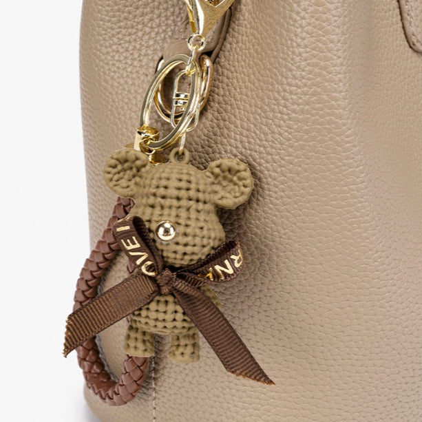 Minimalist Pebbled Vegan Eco-Leather Bucket Clutch Bag with Bear Charm