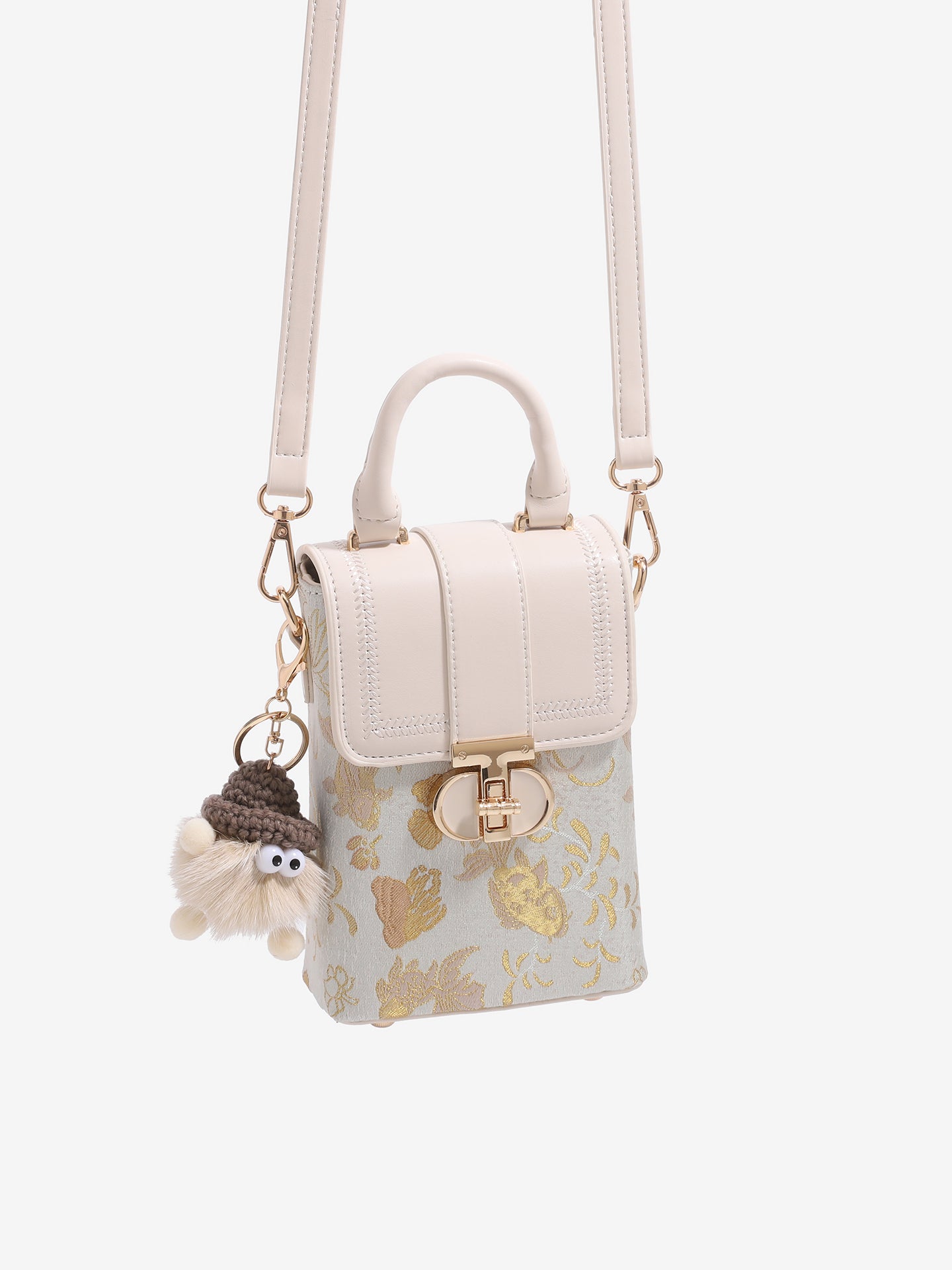 Elegant Oriental Jacquard Mini Flap Phone Clutch Bag with Furry Charm