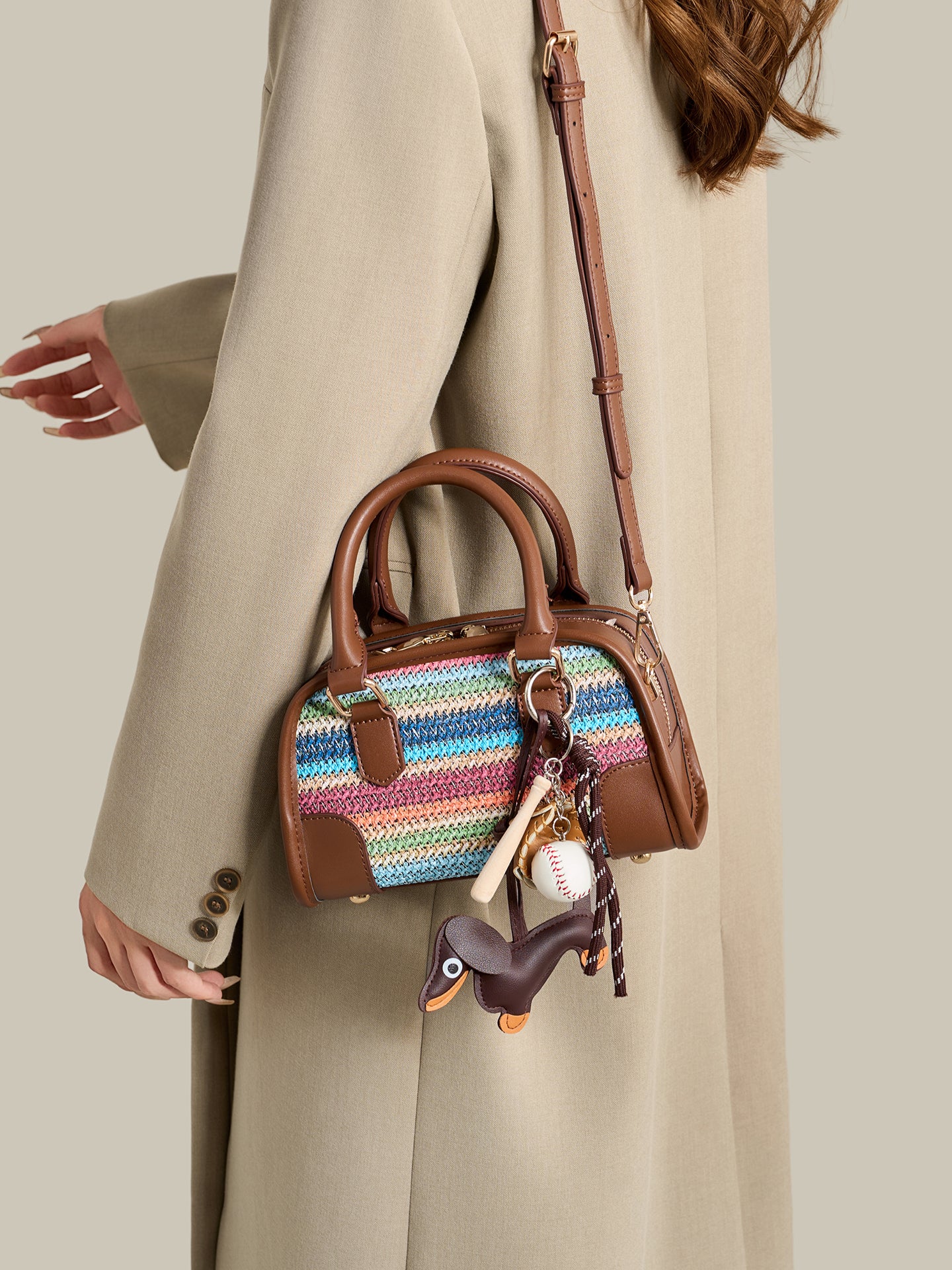 Vivacious Rainbow Striped Vegan Eco-leather Boston Clutch Bag with Cute Dachshund Charm