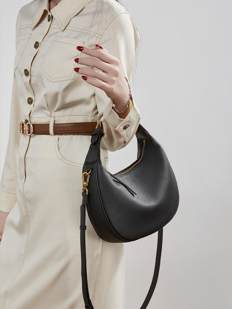 Modern Half-Moon Genuine Leather Bag - Versatile 2-Way Carry Pebbled Hobo