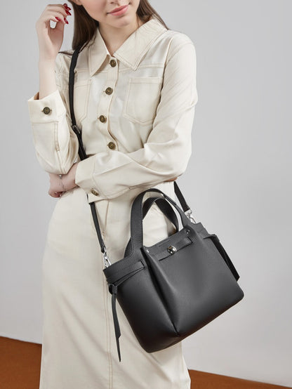 The Pebbled Genuine Leather Mini Bucket Tote Bag with Turn-Lock Closure