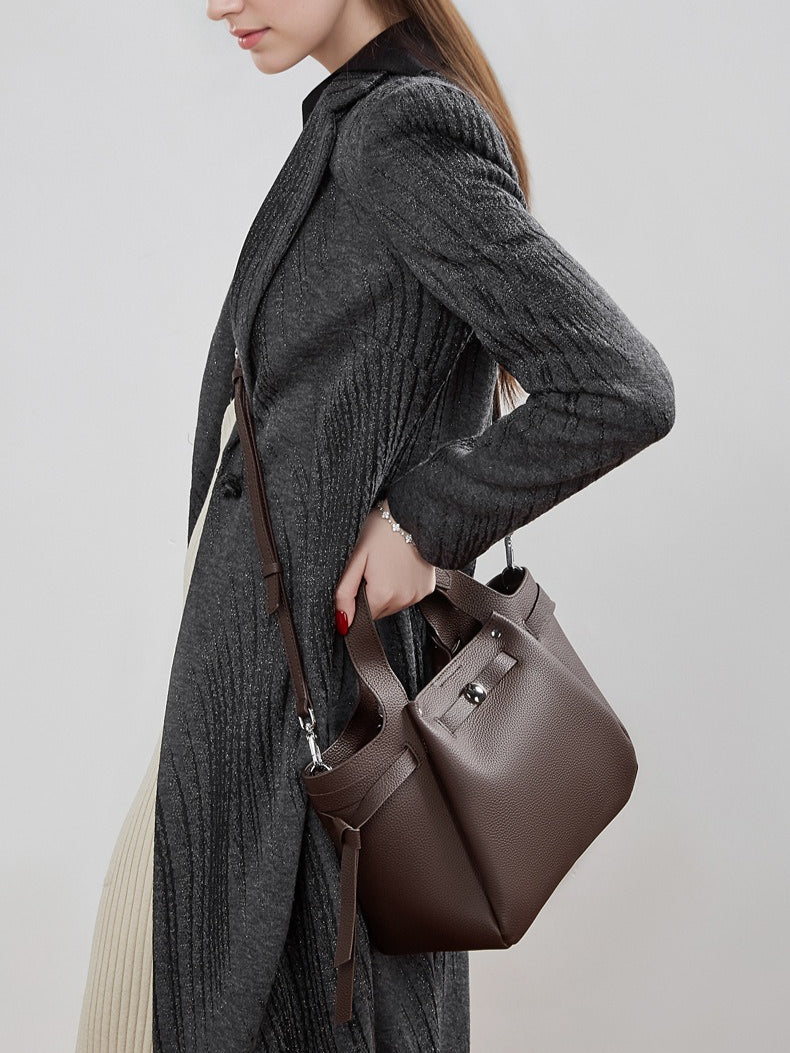 The Pebbled Genuine Leather Mini Bucket Tote Bag with Turn-Lock Closure