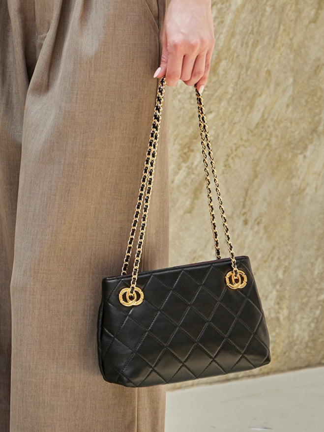 Classic Quilted Sheepskin Genuine Leather Chain Mini Tote Clutch Bag