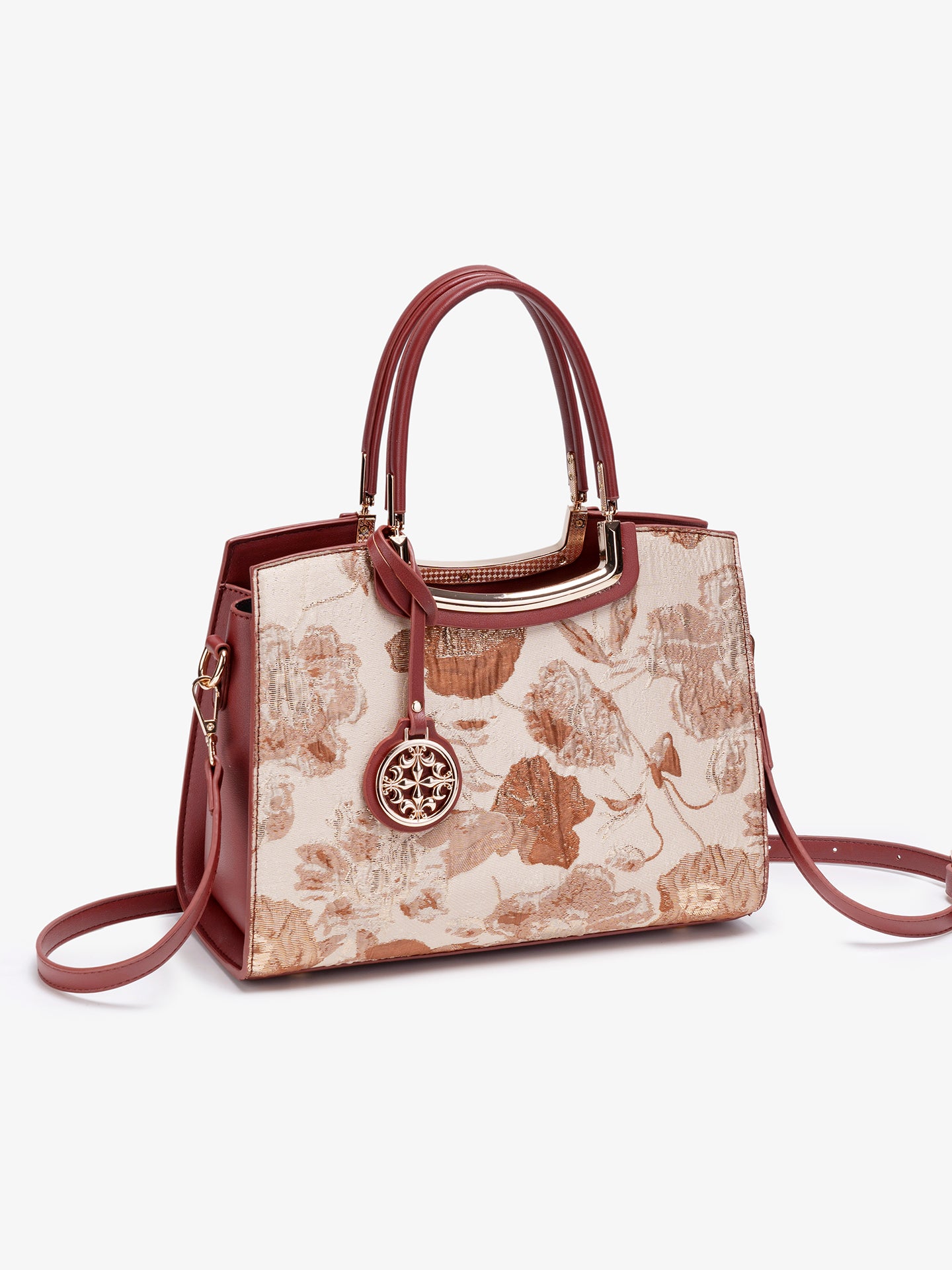 Romantic Floral Vegan Eco-Leather Tote Clutch Bag with Hollow Metal Charm