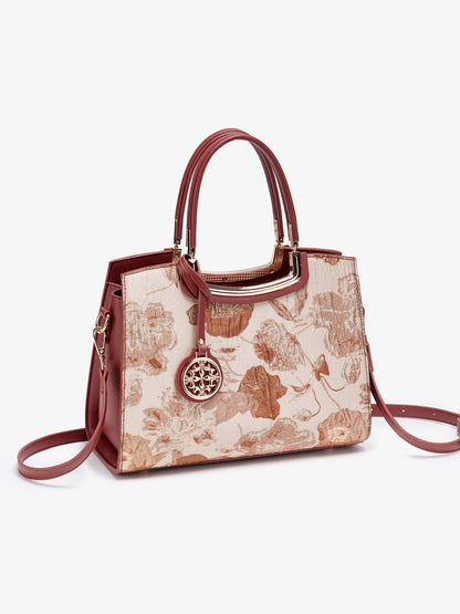 Romantic Floral Vegan Eco-Leather Tote Clutch Bag with Hollow Metal Charm