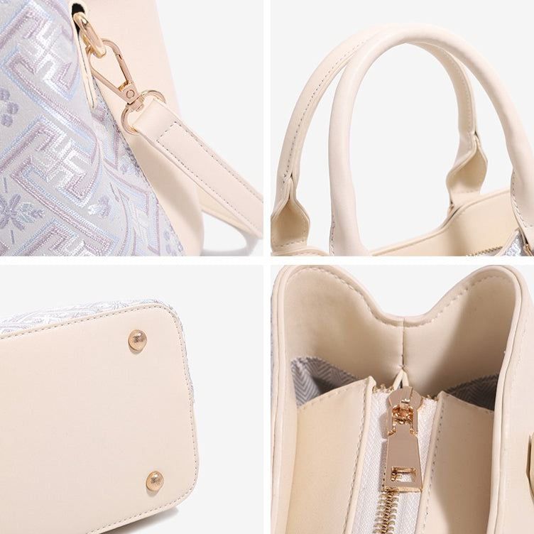 Elegant Jacquard Pattern Vegan Eco-Leather Satchel Clutch Bag with Hollow Lock Charm