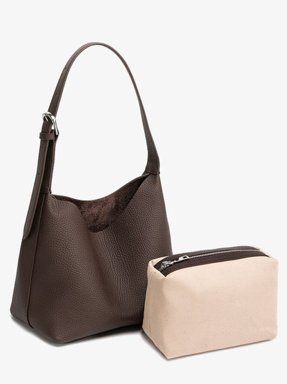 Versatile Genuine Leather Hobo Bucket Bag with Adjustable Shoulder Strap