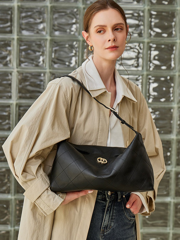 Elegant Quilted Sheepskin Leather Hobo Clutch Bag