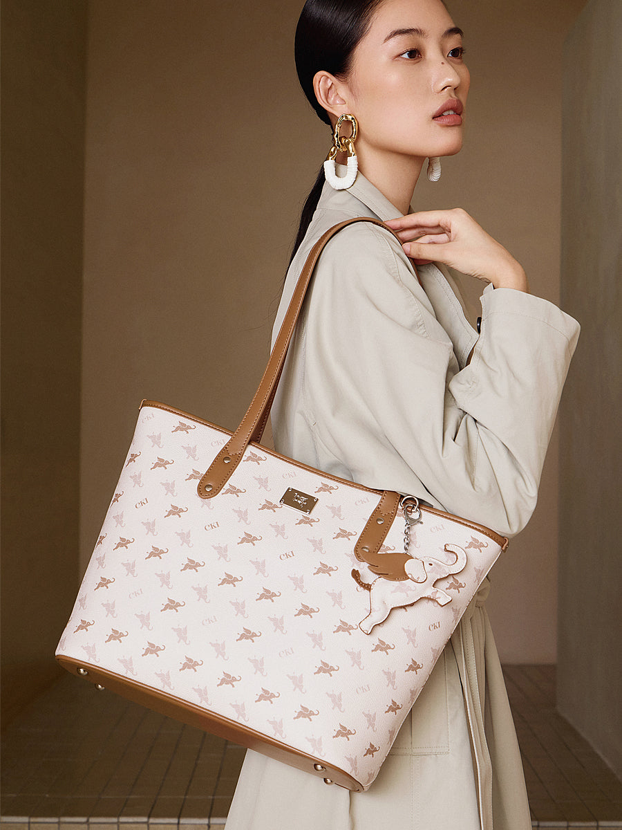 Ampia borsa a spalla tote di lusso vintage con monogramma Flying Elephant