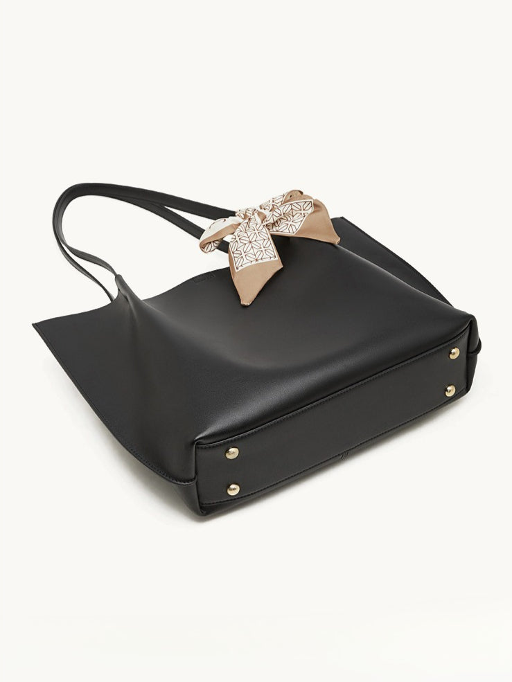 Parisian Chic Genuine Leather Bag - Minimalist Large Tote with Silk Scarf Accent