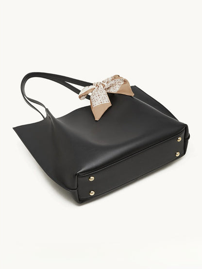 Parisian Chic Genuine Leather Bag - Minimalist Large Tote with Silk Scarf Accent
