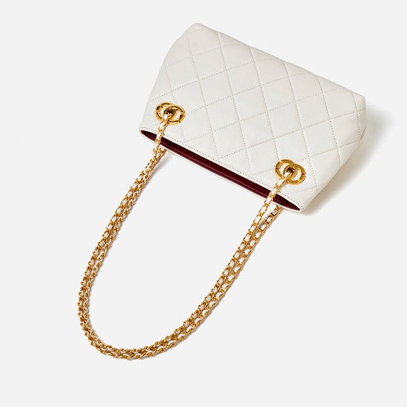 Classic Quilted Sheepskin Genuine Leather Chain Mini Tote Clutch Bag