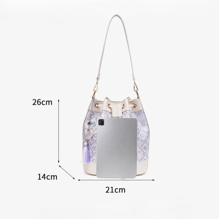 Gentle Oriental Brocade Vegan Eco-Leather Bucket Clutch Bag with Tassel Charm