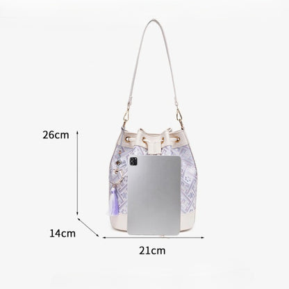 Gentle Oriental Brocade Vegan Eco-Leather Bucket Clutch Bag with Tassel Charm