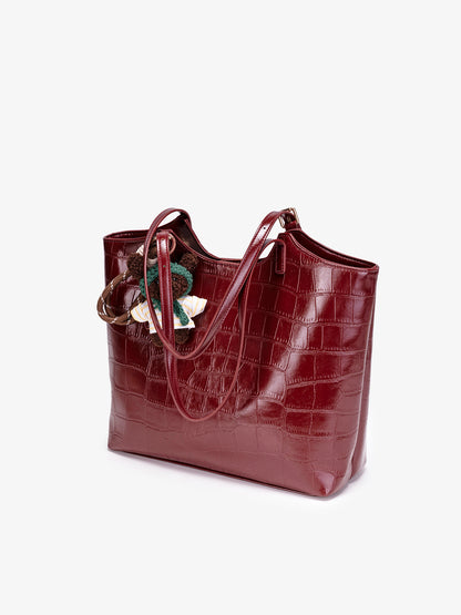 Glossy Croc Vegan Eco-Leather Shoulder Tote Bag With Bear Charm